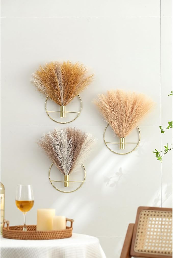 Pretty Jolly Boho Pampas Wall Decor Gold Metal Wall-Mounted Art | Morden Artificial Greenery Display，2 Pack Hanging Planter For Living Room, Bedroom, Bathroom, Dining room