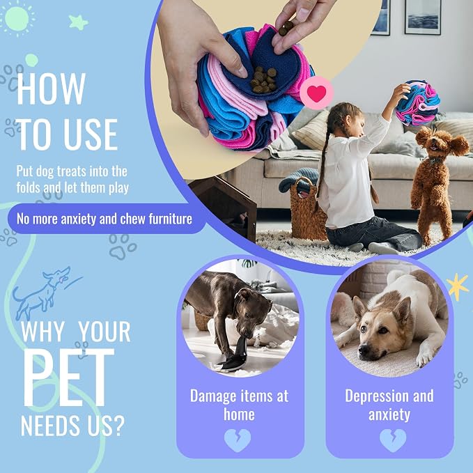 Pet Snuffle Ball, Puzzle Sniffing Interactive Dog Ball for Blind Dogs Training Stress Relief Dog Enrichment Toys Treat Machine Washable (Royal Blue, 20cm)
