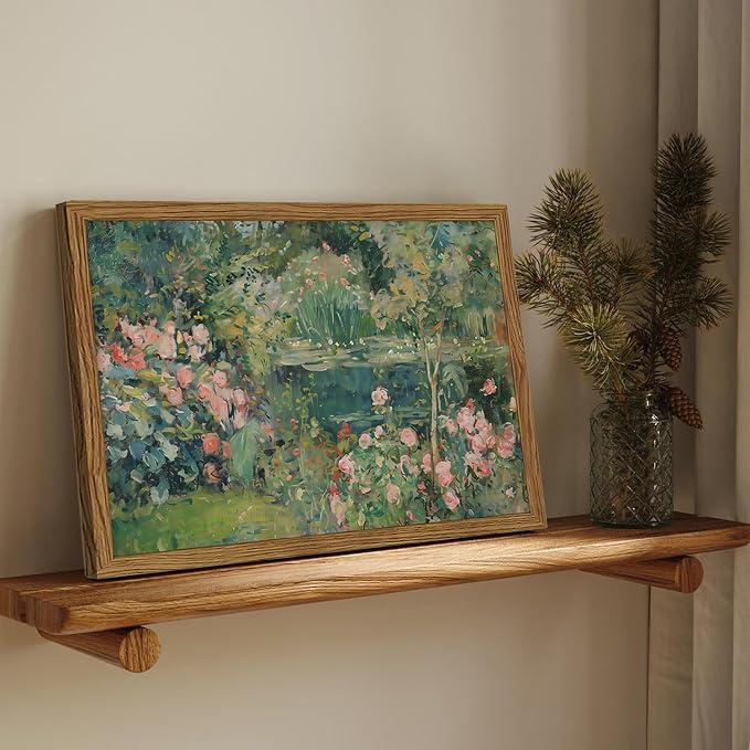 Framed Vintage Floral Landscape Canvas Wall Art, Rose Garden Pond Wall Decor Paintings, Rustic Cottagecore Nature Plant Pictures Prints Aesthetic Home Decor for Living Room Bedroom Bathroom 12x16 inch