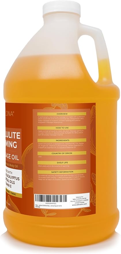 velona Cellulite Massage Oil – 64 Fl Oz | Vitamin E & Citrus Essential Oils | Massage Therapy for Legs & Body Oil | Moisturizing, Firming, Tightening, Smooth Skin | Professional Spa & Home Massage