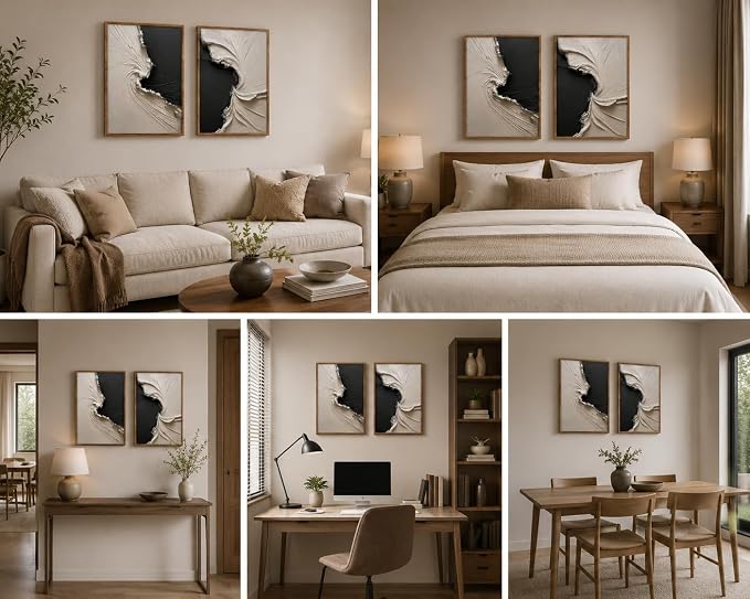 3Pcs Wood Framed Luxury Abstract Canvas Wall Art Textured Relief Painting Prints Modern Neutral Poster Picture Gallery Wall Decor Artwork Print Living Room Bedroom 16x24 Inch Ready to Hang