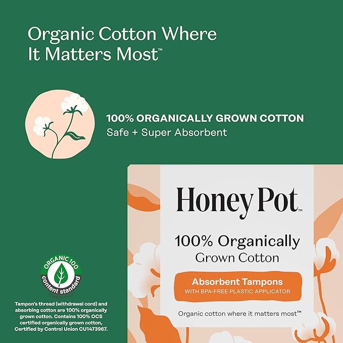 The Honey Pot Company - Multipack -100% Organic Cotton Core Tampons w/Bio Plastic Applicator - Regular & Super Absorbency - Unscented - Feminine Care - 54 Count (3 Packs of 18)