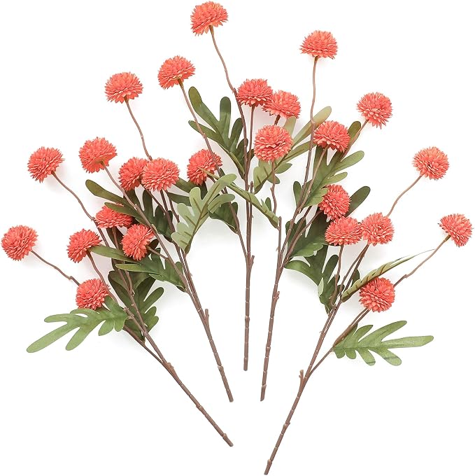5pcs Coral Orange Faux Silk Mums Artificial Flowers, Bulk Fake Small Mini Chrysanthemums with Stems for DIY Wedding Centerpieces Floral Arrangements Vase Fillers Home Decorations