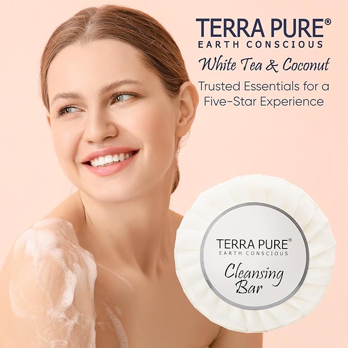 Terra Pure White Tea & Coconut Soap | Travel Size Toiletries Bulk Set for Hotel Essentials | 1.25 oz Bar Soap | 300 Pieces