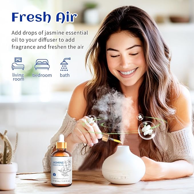 HIQILI 1 Fl Oz Jasmine Essential Oil, for Diffuser, Hair, Skin, Perfume Making - 30ml | Soft Floral Scent for Massage, Nourish Hair & Complexion, Ideal for Diffuser & DIY Perfume - 30mL / 1 Fl Oz