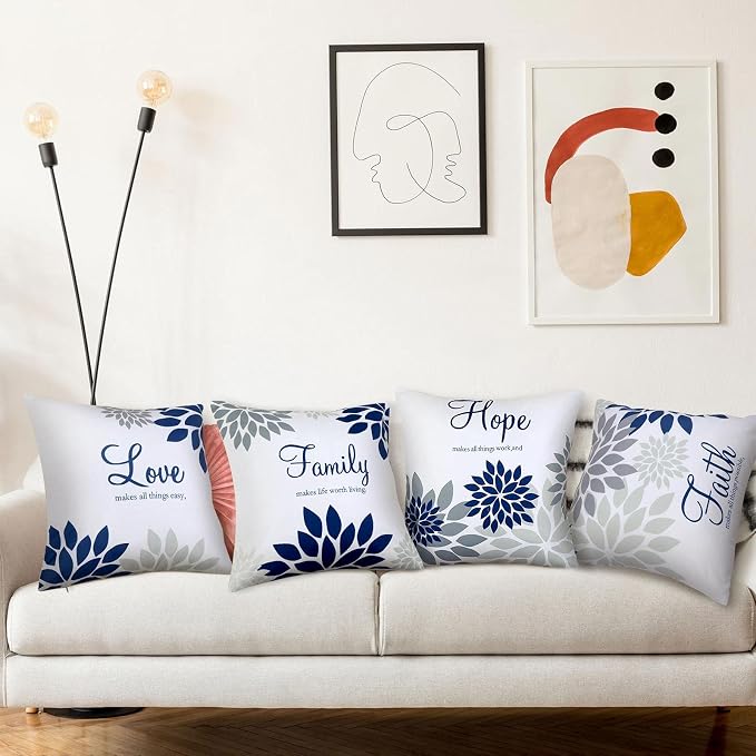 Tatuo 4 Pcs Flower Pillow Covers Square 18 x 18 Inch Gray Series | Pillow Cushion Cases for Sofa Bed, Family Faith Hope Love Words, Decorative Flower Pattern, Living Room Home Decor