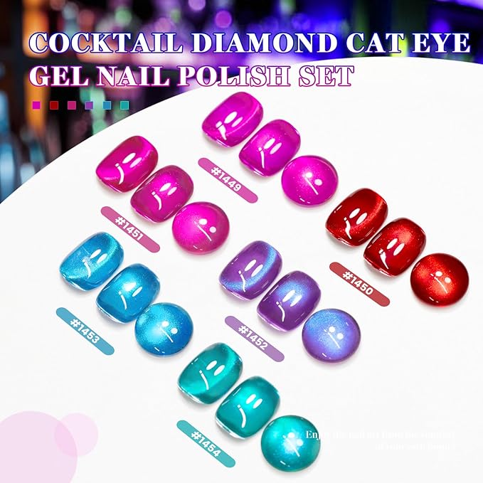 RARJSM Diamond Glitter Cocktail Cat Eye Gel Nail Polish Set 6Pcs Velvet Mint Green Sky Blue Violet Purple Fuchsia Magenta Ruby Red Smoothie Cateye Gelpolish with Magnetic Stick Curing Require