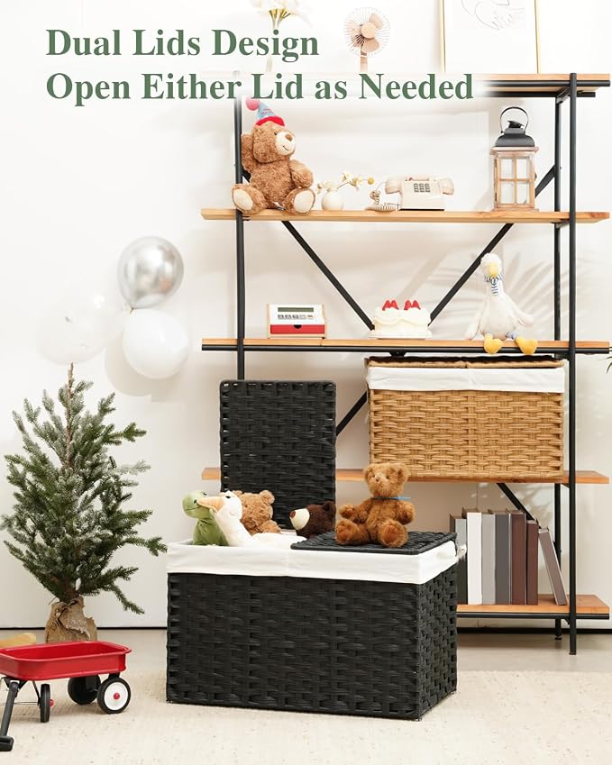 SETVSON Storage Basket with Lid PE Rattan Storage Basket 105L, Black | 27.8 Gallon Storage Bin with 2 Separate Lids, 2 Removable Liners for Clothes & Blankets, Sturdy Metal Frame, PE Rattan