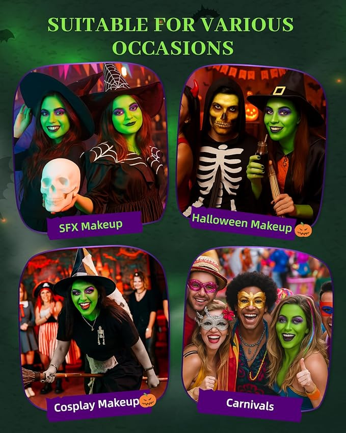 Halloween Green Witch Makeup Kit - Lictin Complete Witch Green Face Paint with Purple Glitter, Professional Witch SFX Make Up Kit for Halloween, Costume, Cosplay, Carnivals for Adults & Kids