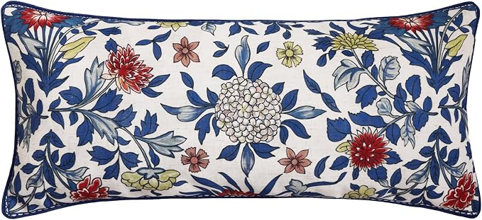 patdrea Designer French Vintage Linen Throw Pillow Cover,12"x28"-Ivar A | Decorative Pillow Cover,Blue and White Floral Pattern,Pillow Case for Couch Living Room Bedroom Sofa Outdoor