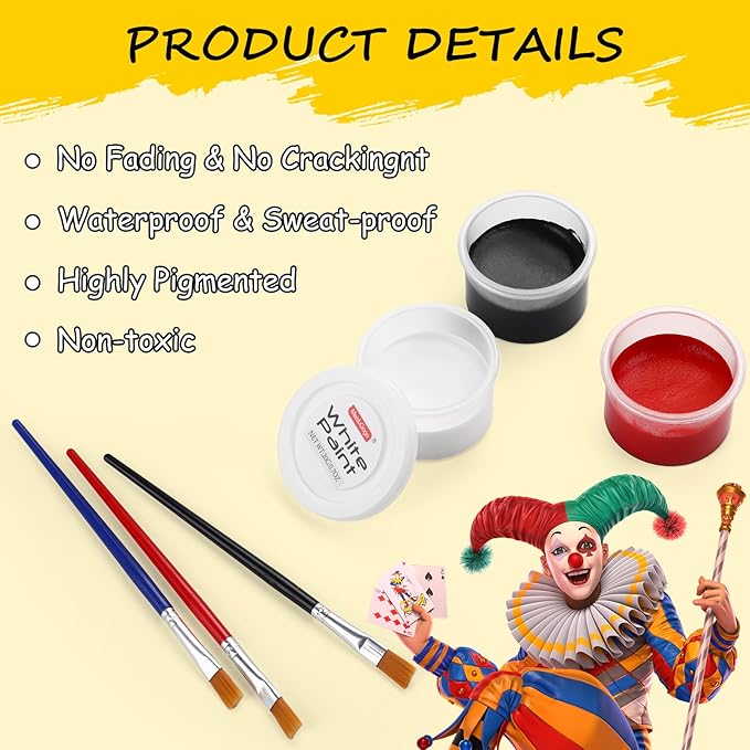 Black White Red Face Body Paint, Water Based Professional Body Paint Set, Non-Toxic Face Paint Makeup for Halloween Party Clown SFX Cosplay