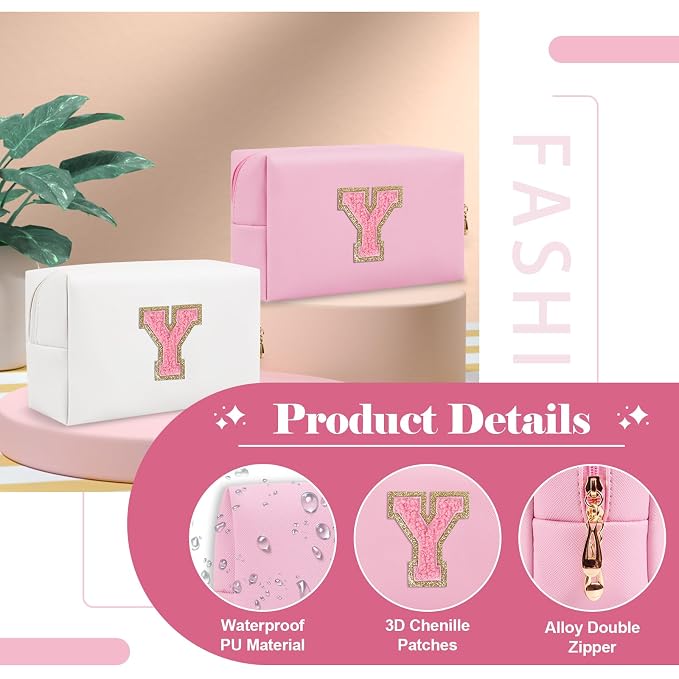 Personalized Initial A-Z Preppy Patch Makeup Bag,Small PU Leather Chenille Letter Cosmetic Bag with Zipper for Teen Girls,Pink Cute Travel Toiletry Bag,Birthday Monogrammed Gift for Daughter,Letter Y