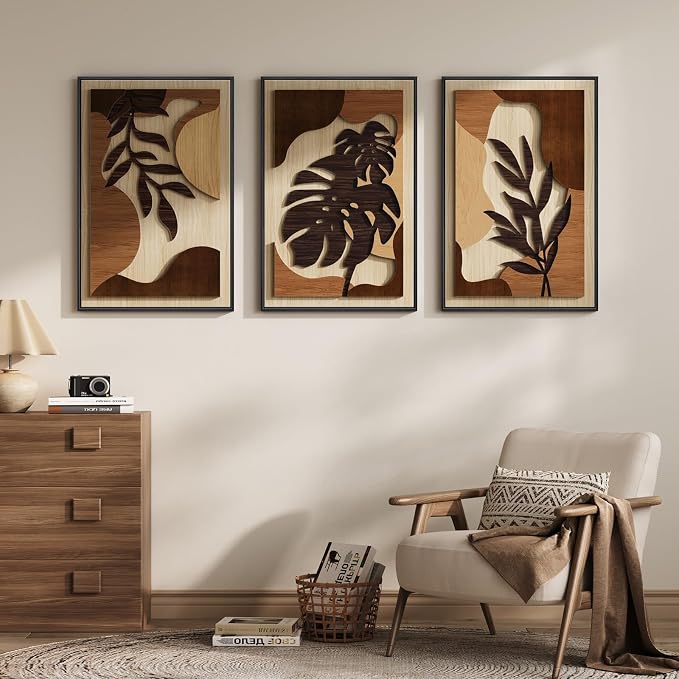 Framed Wood 3D Boho Textured Wall Art for Living Room, Large 3 Piece Carved Wooden Tropical Botanical Artwork for Walls, Brown Monstera Leaf Wood Bedroom Dining Room Home Office Wall Decor, 20x30 Inch
