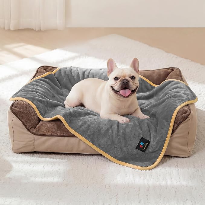 Luciphia Waterproof Pet Blanket, Washable Reversible Sherpa Fleece Throw | Liquid-proof furniture protector for bed and couch, soft reversible sherpa fleece for dogs, cats grey, XS