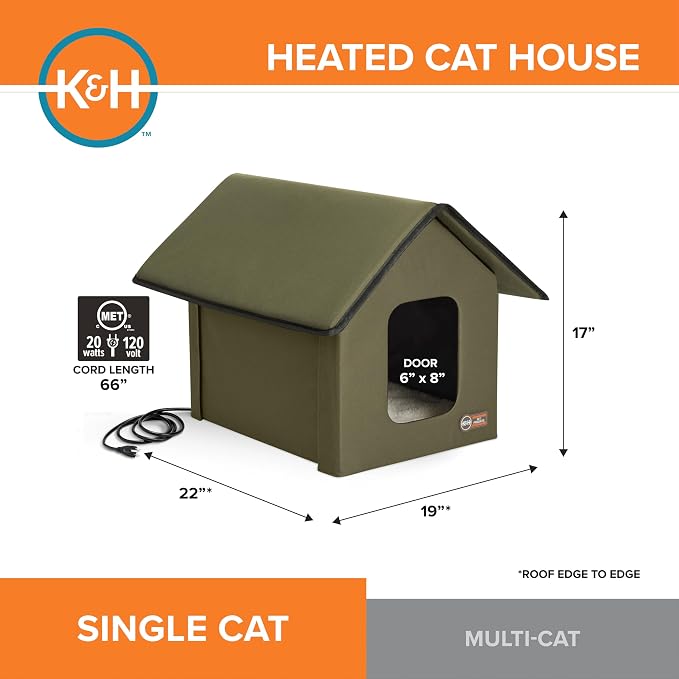 K&H Heated Cat House, Outdoor Kitty Shelter, Safety Listed, 20W, Olive