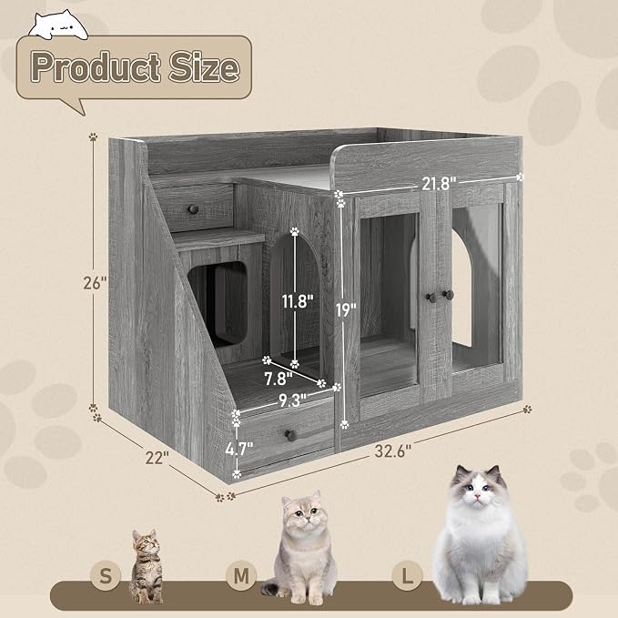 Cat Litter Box Enclosure with Light, Hidden Litter Box Furniture with 2 Storage Drawers & Smart Doors, Cat House Side Table for Living Room Entryway (Grey)