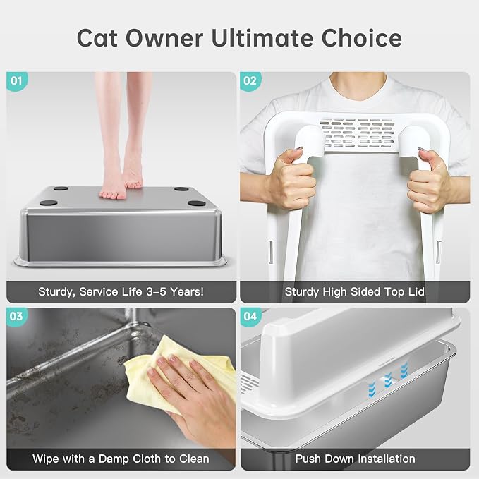 Stainless Steel Cat Litter Box, XL High Sided Open Top Pan with Scoop | XL for Big Cats, Non-Stick Odor-Free, 20L 30-Day Use Easy Clean, High Sides Block Spray & Tracking, Durable 3-5Yrs