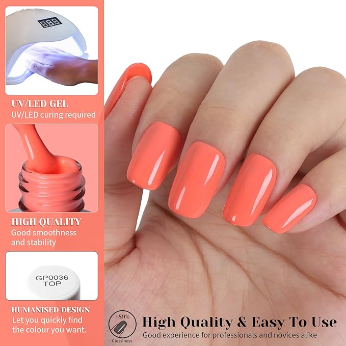 Coral Orange Gel Nail Polish,0.51 Fl Oz Soak Off UV Lamp Bright Coral Orange Gel Polish for DIY Nail Art Starter or Manicure Salon,Summer Fall Colors Gel Polish Kit GP0107