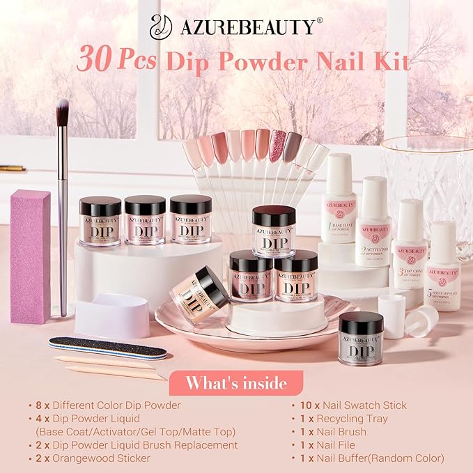 AZUREBEAUTY 30Pcs Dip Powder Nail Kit Starter with Nail Sticks, Translucent Jelly Nude Pink Gary 8 Colors Dipping Liquid Set Added Matte Top Coat Recycling Tray for Manicure Salon DIY Home