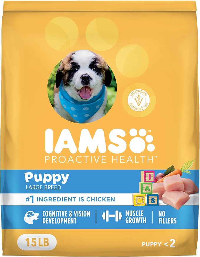 IAMS Proactive Health Large Breed Puppy Dry Dog Food, Chicken, 15 lb | Real chicken #1 ingredient, Omega-3 DHA for cognitive & vision development, optimal calcium for bones & joints, Vitamin E