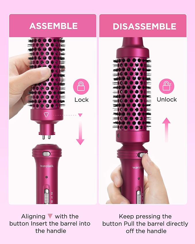 Wavytalk Heated Round Brush, 1 1/2 inch Blowout Look with Detachable Head, Dual Voltage for Travel, Rose Red