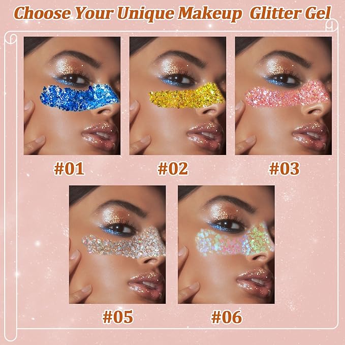 Boko 50ML Body Glitter Gel, Gold Mardi Gras Chunky Glitter Gel for Face Hair Body Sparkle Makeup, Cosmetic Mermaid Face Glitter Sequins for Mardi Gras Concert Party Event Rave Accessories