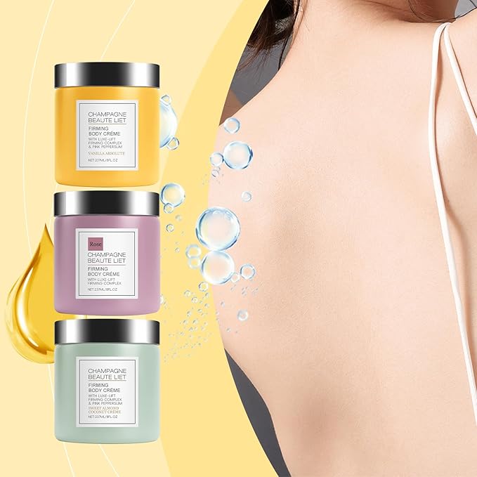 Champagne Lift Body Creme, Firming Complex and Pink Pepperslim Skin Moisturizer Tightens Hydrates Dry Skin Arms & Legs. (Sweet Almond Coconut)