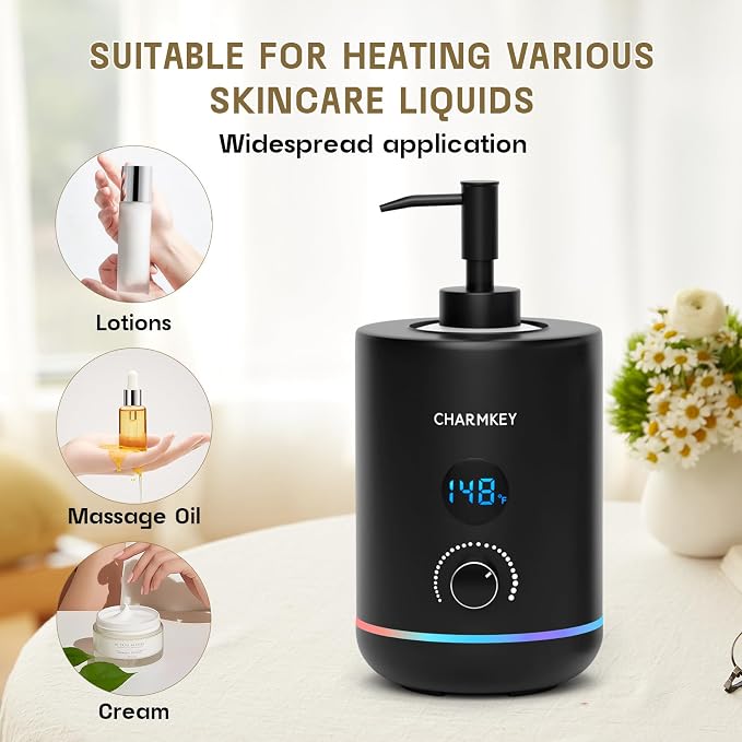CHARMKEY Massage Oil Warmer Black, 2 Oil Bottle Dispensers & 2 Silicone Funnels, Digital Heater for SPA, Oil Lotion Cream for Salon, Barber Shops, Home, Automatic Lotion Warmer