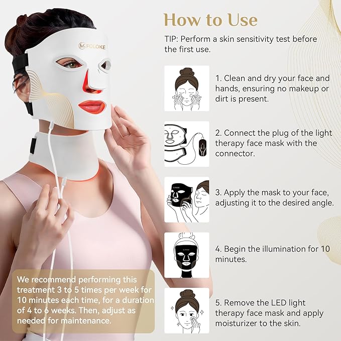 FOLOKE LED Light Therapy Mask Skin Care, LEDs face mask & neck mask Red - Wavelength for Home Use, – Advanced Skincare Made Easy (Snow White)