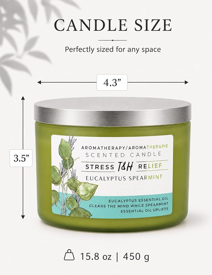 Eucalyptus Spearmint Scented Candle | 15.8 oz Large 3 Wick Soy Candle | Soothing Aromatherapy Candle for Home | Fresh Mint Spa Scent | Long Lasting Clean Burn | Relaxation & Yoga Gift for Women & Men