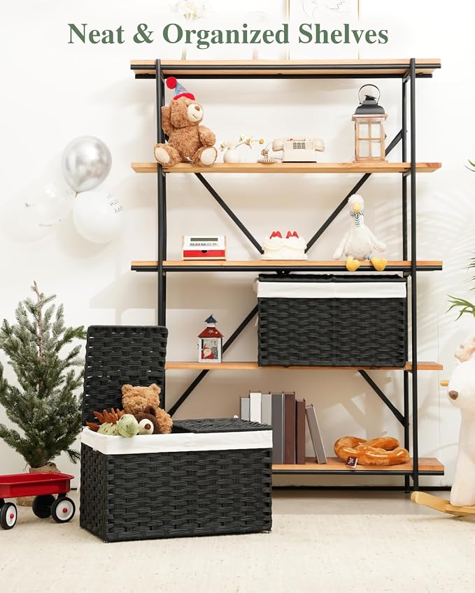 SETVSON Storage Basket with Lid PE Rattan Woven Storage Bins, 65L Black | 65L Storage Bin with 2 Separate Lids, 2 Removable Liner Bags with Divider, Sturdy Metal Frame, Foldable Side Handles