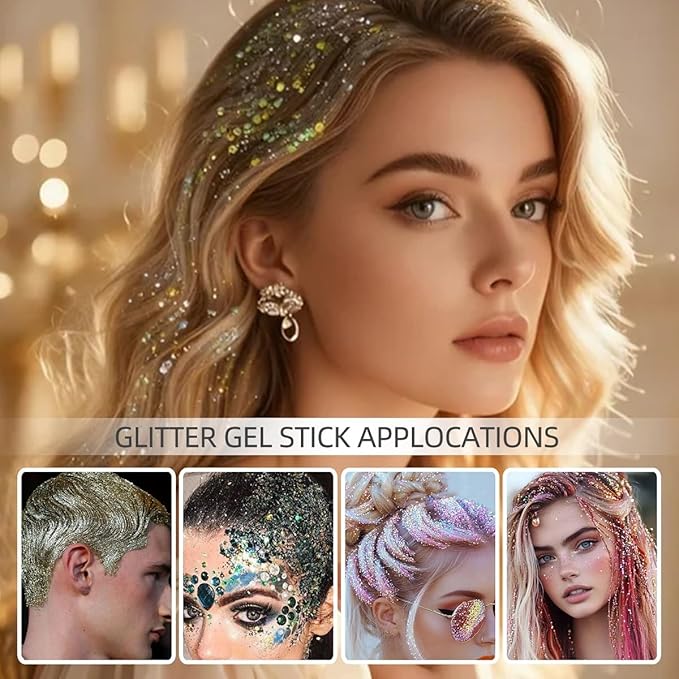 Body Glitter Stick, Neon Outfit Party Holographic Sparkling Sequins Face Paint Mardi Gras Accessories Hair Glitter Gel Makeup. (Purple & Orange)