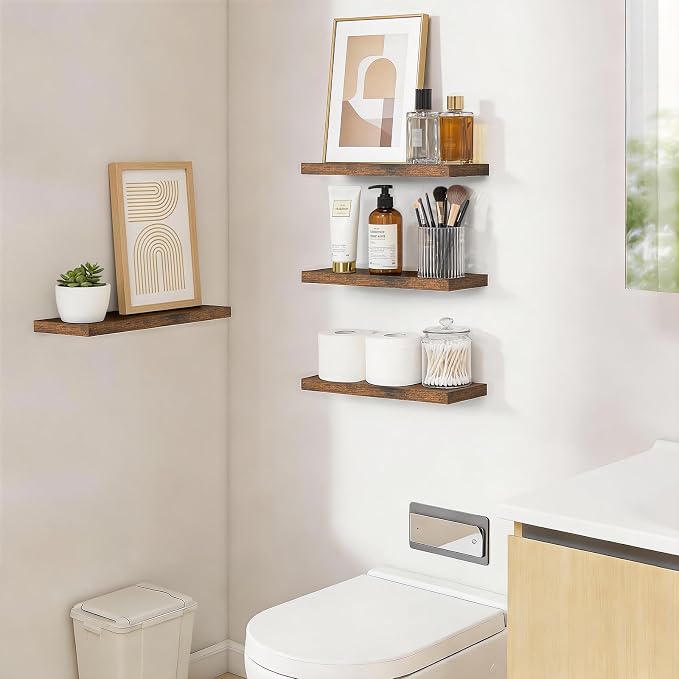 BAYKA Rustic Brown Floating Shelves 15.7in, Set of 4, Wall Mount Wood Shelf | Easy Install, 22lbs Max Load, Hidden Bracket, Hanging Shelf for Books Storage/Room Decor, Multi-Wall Compatible