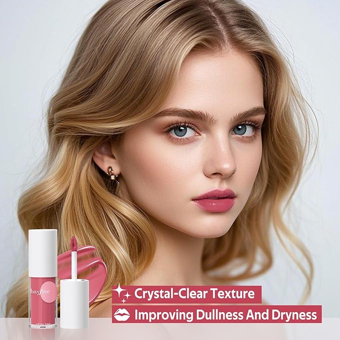 bayfree Hydrating Tinted Lip Oil, Korean Lip Gloss with High Shine & Pigmented Color, Lightweight Non-Sticky Formula for Dry Lips, Vitamin E Enriched for All-Day Moisturizing, Vegan & Cruelty-Free