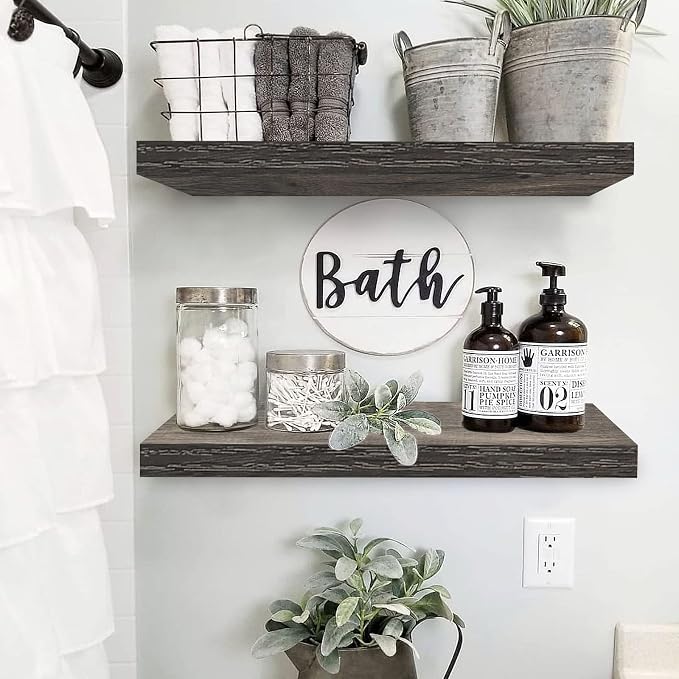 QEEIG Floating Shelves for Wall 23.6" Long - Wall Mounted Shelf Bathroom Kitchen Living Room Bedroom Farmhouse Home Decor Display Bookshelf Large 23.6 x 9.3 inch Set of 2, Grey (008-60GY)