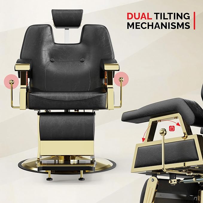 OmySalon Classic Barber Chair with 2 Hand Levers, Reclining Salon Chair for Hair Stylist All Purpose Heavy Duty, Adjustable Headrest, Tattoo Barbershop Beauty Spa Equipment, Black & Gold