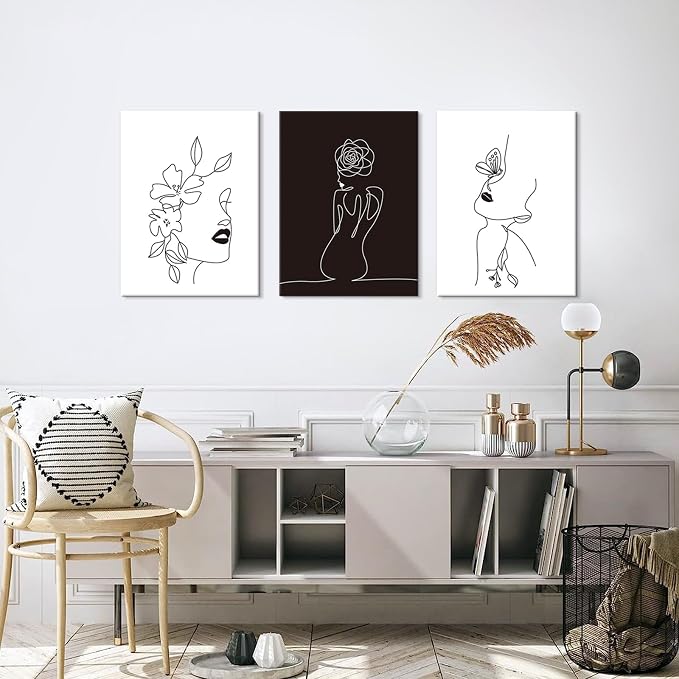 Chadow Artwork Minimalist Line Art Prints Set of 3 Abstract Women Faces Flower Wall Art Black and White Line Drawing Painting Modern Aesthetic Poster for Girls Bedroom Bathroom Living Room Decor