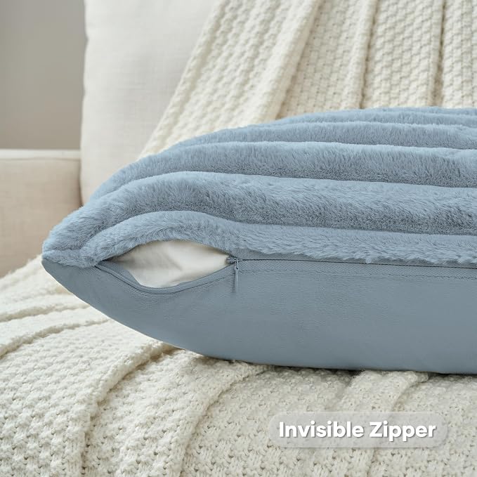 FUTEI Pack of 2 Faux Fur Throw Pillow Covers 28x28 Inch, Dusty Blue | Fluffy Faux Rabbit Fur Front/Premium Velvet Back,Hidden Zipper,Machine Washable,Non-Shedding,Colorfast,Insert Not Included.