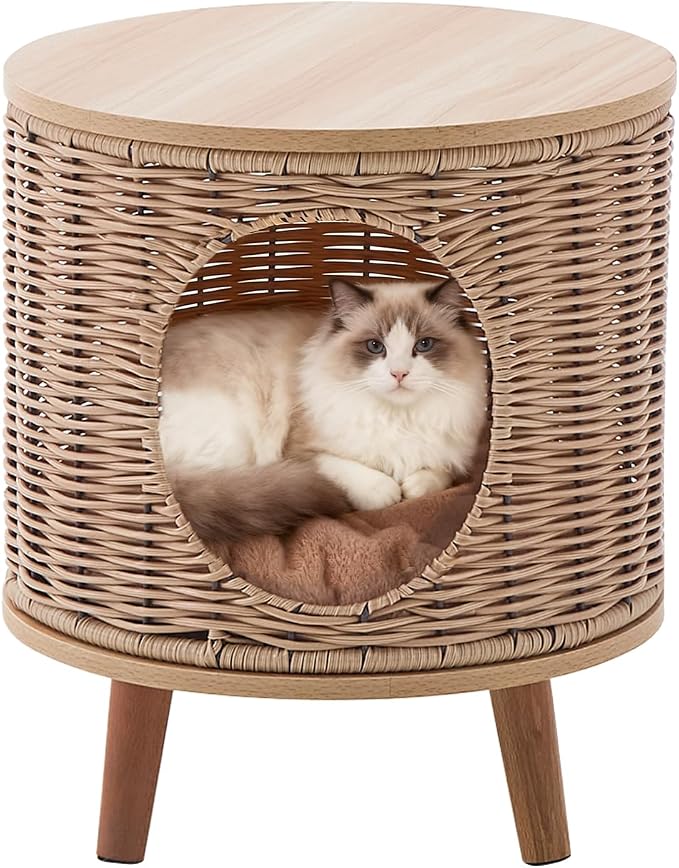 Rattan Cat House End Table, 2-in-1 Cat Bed Side Table, Stylish Pet Furniture for Indoor Cats in Living Room and Bedroom Natural