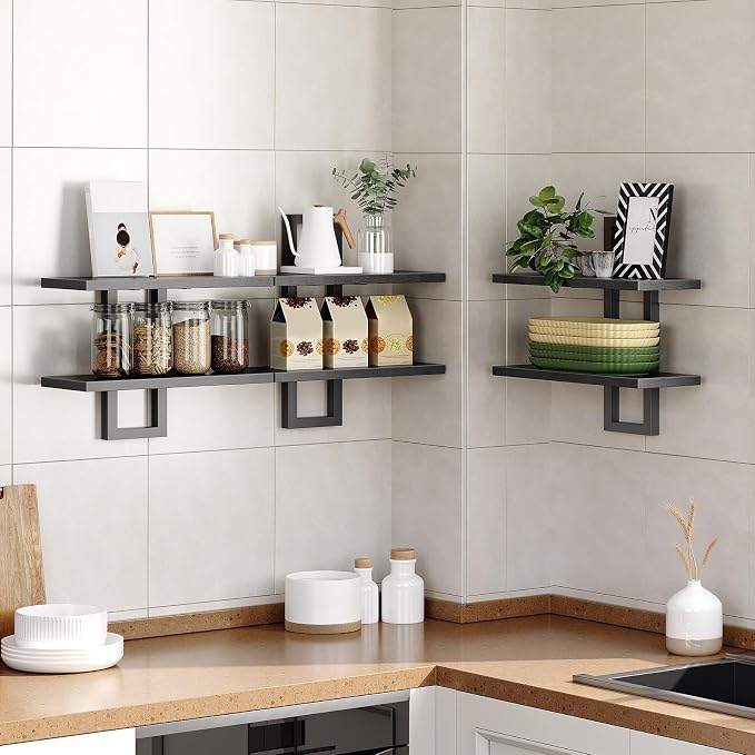 HOOBRO Floating Shelves, 15 Inch Wall Shelf Set of 3, Wall Mounted Storage Shelves 2-Tier, Hanging Bathroom Shelves, for Living Room, Bedroom, Bathroom, Kitchen, Black BK32BJP301