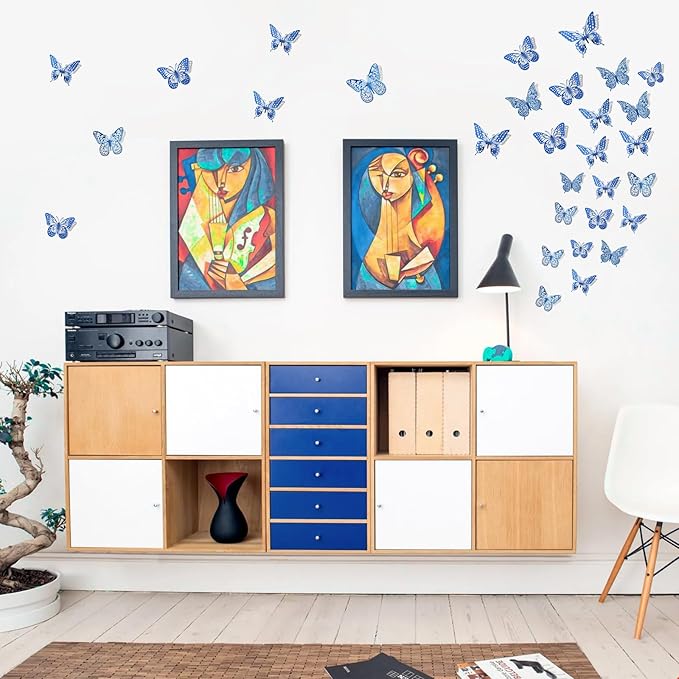 SAOROPEB Butterfly Wall Stickers, 48 Pcs 4 Styles 3 Sizes, Metallic Paper, Removable, Navy Blue, Art Deco Decor for Wall | 4 Styles 3 Sizes, Butterfly Birthday Decorations Butterfly Party Decorations Cake Decorations, Removable Stickers