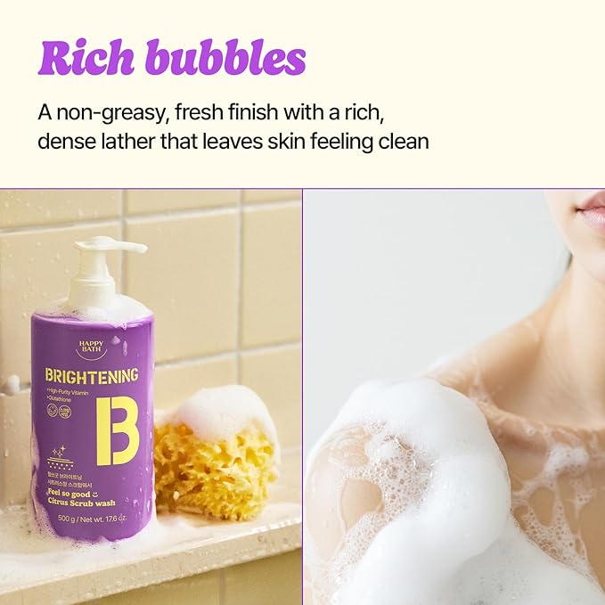 HAPPY BATH Feel So Good Citrus Body Wash with Pine Scrubs & Glutathione | Mild Exfoliating & Nourishing Shower Gel, Vitamin-Infused, Yuzu Citrus Scent, 17.6 fl oz