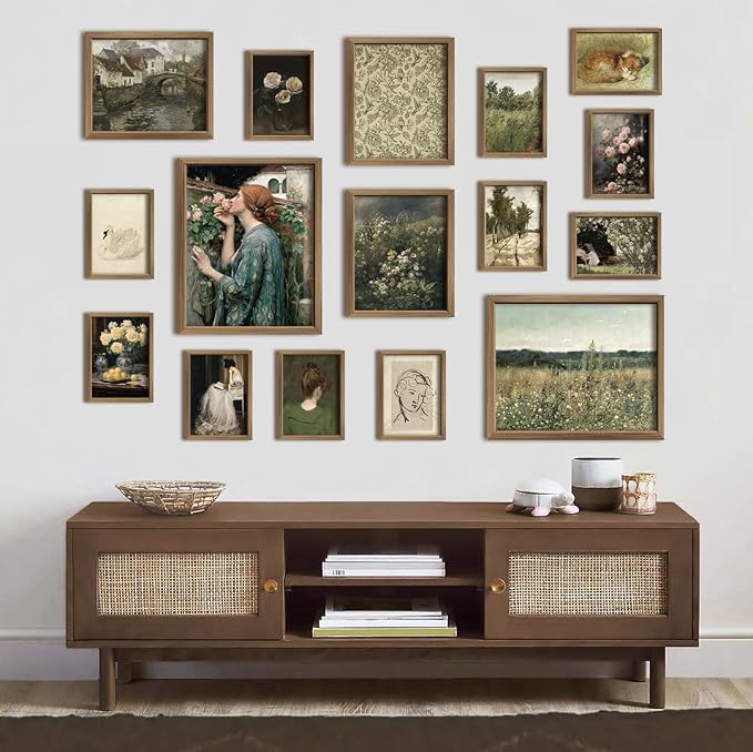 ANERZA 16 PCS Framed Vintage Wall Art Decor, French Country Wall Prints for Bedroom, Landscape Gallery Wall Frame Set, Farmhouse Posters for Living Room Aesthetic, Rustic Collage Kit, Dorm Home Decor
