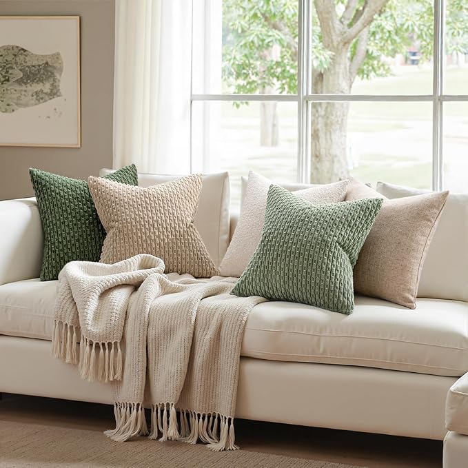 MIULEE Decorative Throw Pillow Covers 18x18 Sage Green Textured Corduroy | Pack of 2 Striped Pillow Covers Modern Farmhouse Home Decor for Couch Bed Sofa Living Room