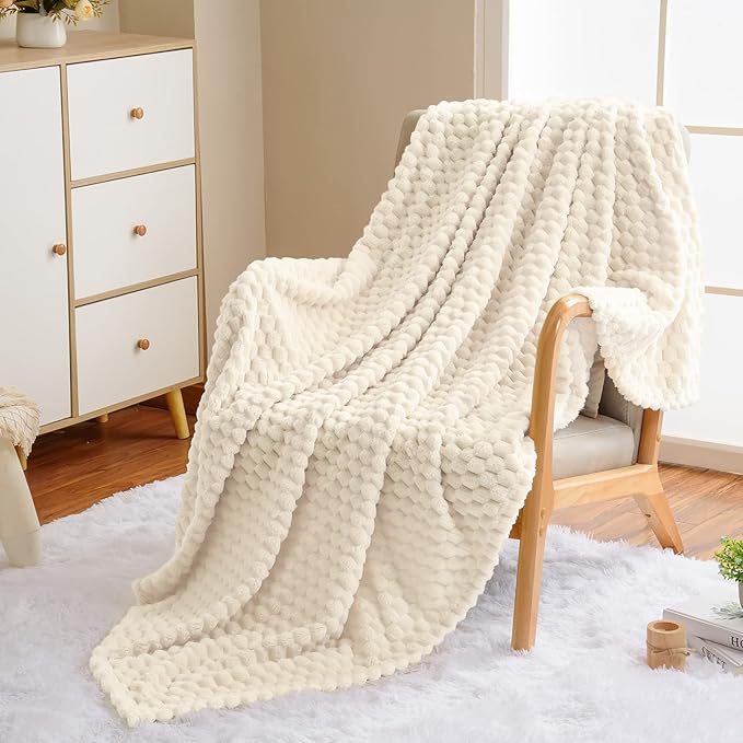 Vessia Flannel Fleece Twin Size Blanket(60x80 inch), 3D Jacquard Cream Fuzzy and Warm Blanket for Couch,Sofa,Chair, 300GSM Super Soft Touch Cozy Lightweight Beige Bed Home Decor for All-Season