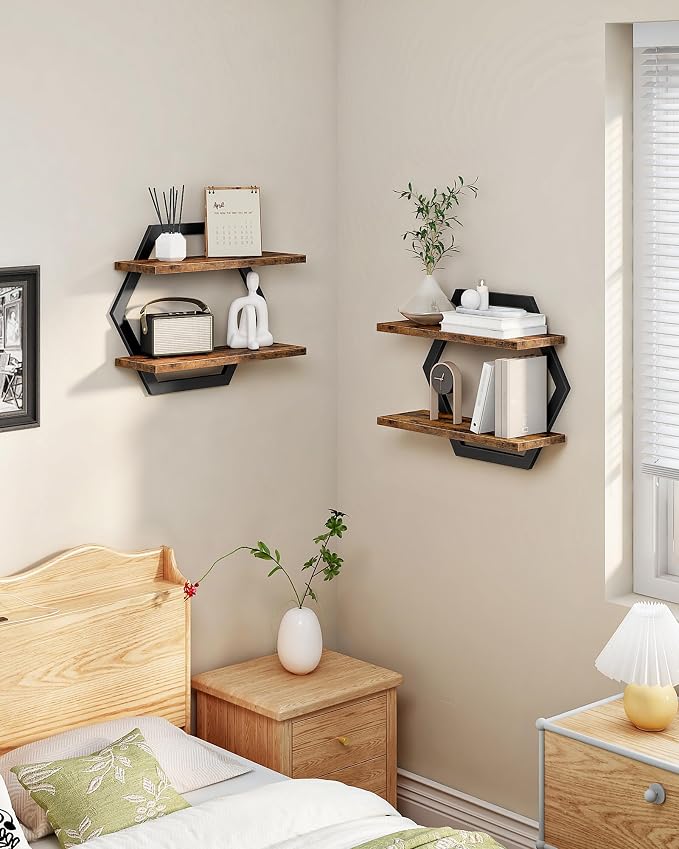 Hexagon Floating Shelves for Wall, Set of 2, 2 -Tier Hanging Shelves, Wall Mounted Storage Shelves, for Living Room, Bedroom, Kitchen, Home Office, Study, Rustic Brown and Black TBJ06P2BF