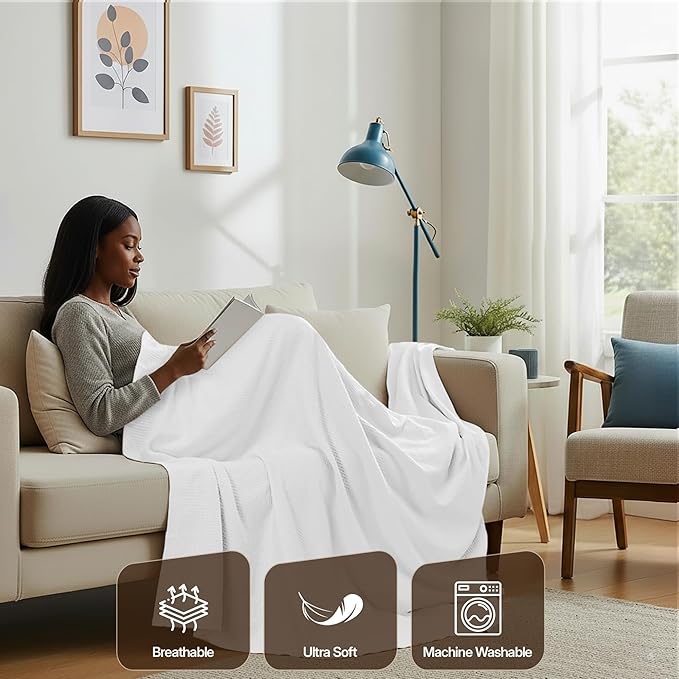 Utopia Bedding Cotton Blend White Waffle Blanket Queen - 90x90 Inches | Lightweight, Skin Friendly, Breathable, All Season, Luxury, Bed, Couch, Sofa