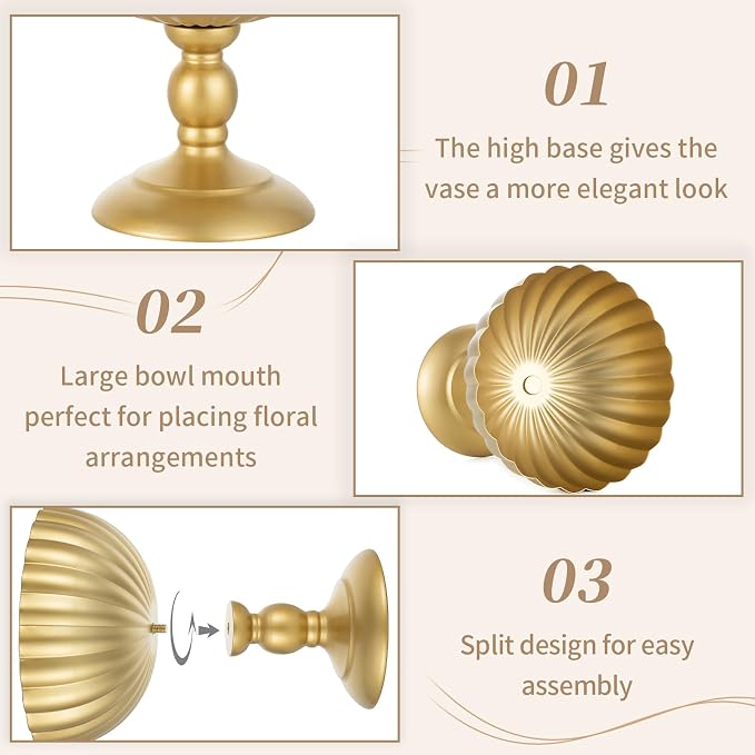 Sziqiqi Gold Urn Vase for Wedding, Tall Vases Centrepieces for Table, 10Pcs | 7.9in Compote Vase, Metal Flower Holder for Floral Arrangement, Pedestal Footed Bowl for Birthday, Party, Anniversary