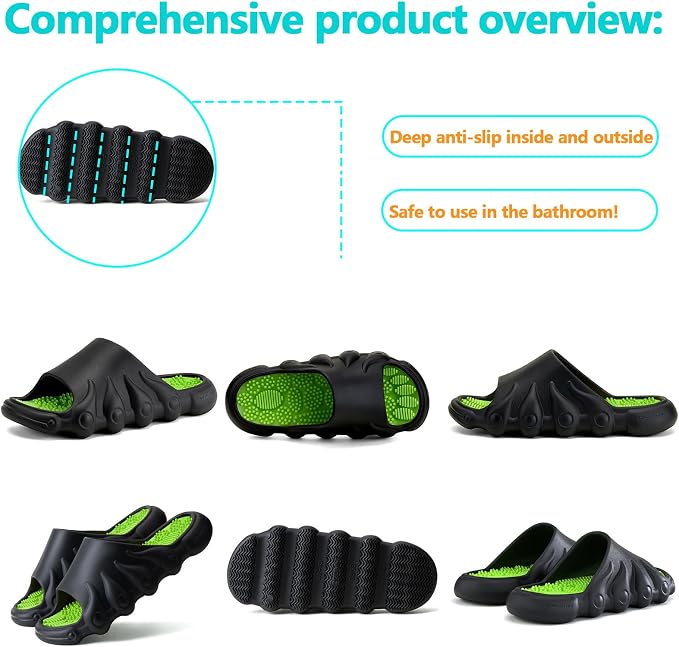 Plantar Fasciitis Relief Foot Massager for Plantar Fasciitis Shoes Women Acupressure Massage Slippers Reflexology Sandals Relaxation Gifts for Mom Dad Parents (Black Green,women5-5.5/men 4-4.5)