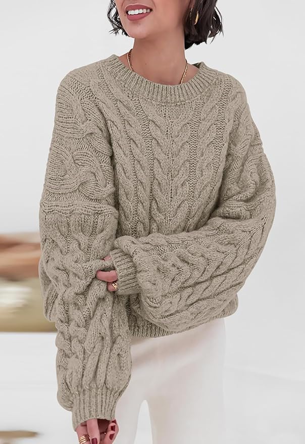 PRETTYGARDEN Womens Sweaters Spring 2026 Cable Knit Long Sleeve Crewneck Oversized Sweater Chunky Pullover Loose Outfits